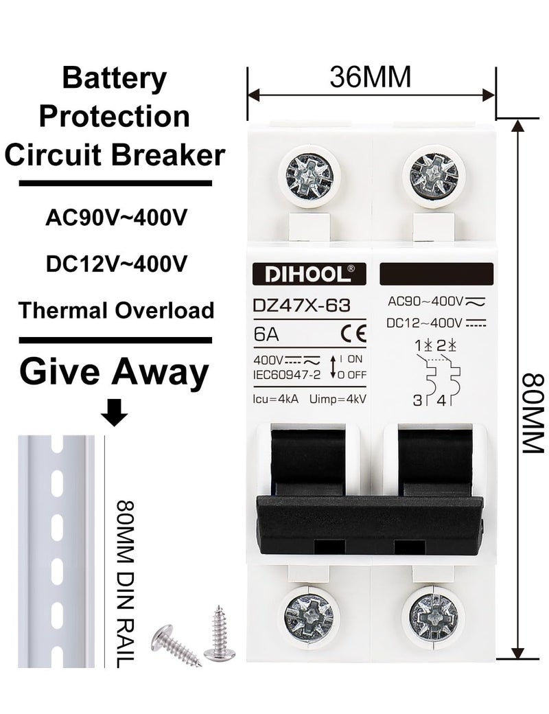 DIHOOL Solar Disconnect Switch, 6 Amp 2 Pole, DIN Rail Mount, Non Polarized, 12V 24V 48V 400V, AC/DC Circuit Breaker, RV Battery Isolator, PV Array MCB, Thermal Magnetic Trip - Image 3
